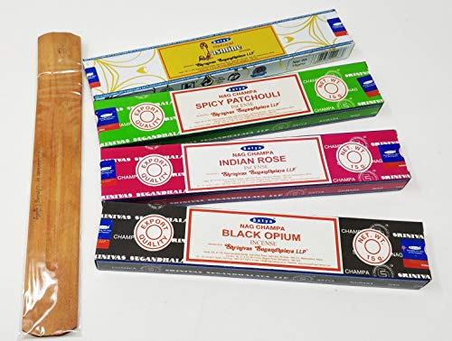Satya Räucherstäbchen Mix Deal-Jasmin, schwarzer Opium, indische Rose, würziges Patchouli mit JR Räucherstäbchenhalter SN4