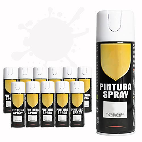 Pintura Spray 400ml para Metal/Madera/Plástico (Blanco Satinado, 400 ml (Paquete de 12)