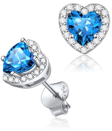 Boucle d'oreille Coeur Argent Clou d'oreilles Saphir Bleu Pierre de Naissance Décembre Bijoux Brillant Cadeau Femme