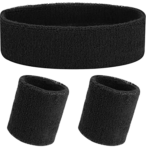 Yolev 3 Stück Schweißband Set Schwarz Sport Stirnband Schweißbänder Handgelenk Herren Damen 80er 90er Jahr Outfit Schweißbänder Absorbierendes Accessoires