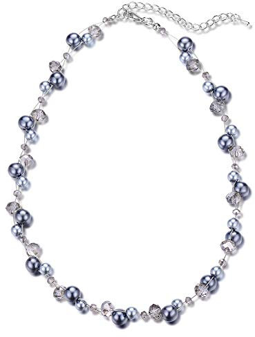 BULINLIN Short Beaded Pearl Necklace for Women, Silver Handmade Statement Necklace with Crystal Beads Fashion Jewellery Birthday Gifts for Her(Grey)