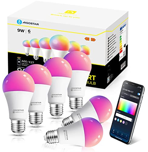 Aigostar Smart Bulb E27, Alexa Light Bulb, WiFi Smart Bulb 9W RGBCW LED Colour Changing Light Bulb Compatible with Amazon Alexa and Google Home,Sync to Music, Dimmable, No Hub Required, 6 Packs