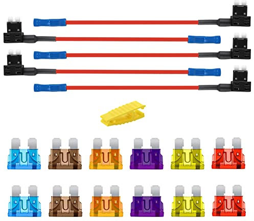 BeiLan 5 Stück Standard Größe Autosicherungen Stromdieb, Stecksicherung Verteiler Flachsicherungsadapter mit 12 stücke sicherung (3A/5A/7.5A/10A/15A/20A) mit 1 stücke Sicherungsabzieher