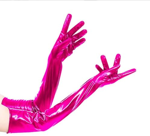 JIAHG Damen Lackleder Lange Handschuhe Mode Sexy Cosplay Kostüm Fingerhandschuhe Fingerlos Abendhandschuhe 52 cm (Rosa)