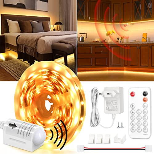 wobsion Ruban LED Cuisine avec Détecteur de Mouvement, Bande LED avec Télécommande, Cuisine Sous Meuble Blanc Chaud 5M 3000K, pour Meubles, Escalier, Placard, Cuisine, Étagère 1300LM