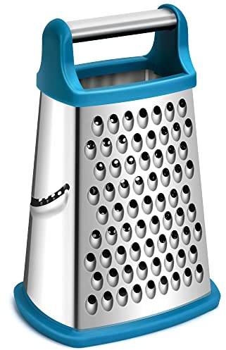 Rainspire Professional Box Grater, Cheese Grater Box for Kitchen Stainless Steel with 4 Sides, Cheese and Spice Graters with Handle for Vegetables, Ginger, Potatoes (Blue)