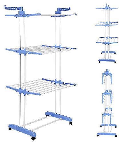 THINFAR Stendibiancheria pieghevole con ruote, grande capacità, stendibiancheria in acciaio inossidabile, ali pieghevoli su 3 livelli di asciugatura per uso interno ed esterno (75 x 64 x 170 cm, blu e