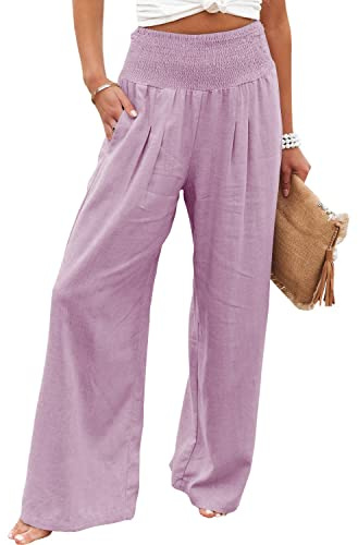 Vansha Palazzo-Hose für Damen, Sommer, hohe Taille, Baumwolle, Leinen, weites Bein, lange Loungehose, Hose mit Tasche, Lila, XL