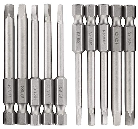 Saipor 10PCS Magnetic Square Head Screwdriver Bits Set 1/4'' Hex Shank Square Drive Bit S2 Steel SQ1, SQ2, SQ2.7, SQ3, SQ4 Quick Release Power Tools for Assembling Furniture (65mm Length)
