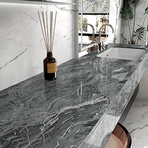 Silver Black Marble Contact Paper for Countertops Peel and Stick Wallpaper Decorative Contact Paper for Cabinets Vinyl Waterproof Granite Contact Paper for Drawer Desk Shelf Liner 15.8''x78.7''