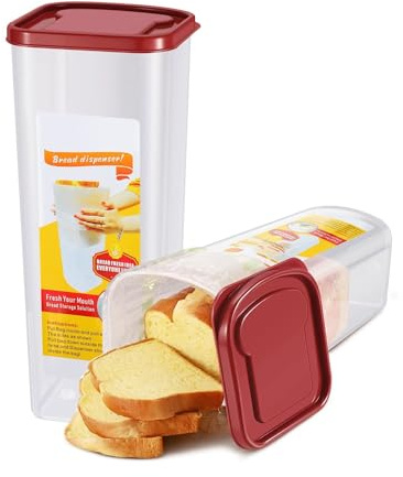 Flexzion 2 Pack Airtight Bread Container With Lid - Clear Storage Box for Homemade Loaves, BPA-Free Space-Saving & Durable Plastic Dispenser, Red