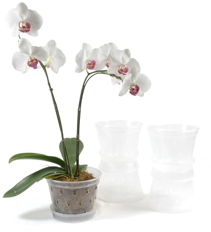 Greenology 15cm / 6 Pack of 5 Orchid Flower Pots with Saucers and Side Drainage in Durable Soft Clear Plastic