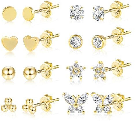 Kleine Gold Ohrstecker Ohrringe Set für Damen - 8 Paar Hypoallergenes Sterlingsilber Set mit 14-karätigen Gold Herz Ohrstecker und Zirkonia Stecker für mehrere Piercings