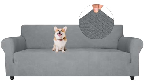 YSTELLAA Stretch Sofa Überzug 4 Sitzer, Elastisch Sofabezug Mit Armlehnen, Jacquard Sofaschoner rutschfest, Universal Sofa Cover Moderne, Couchüberzüge Sofahusse Für Katze Hund, Hellgrau