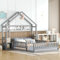 Merax Kinderbett Hausbett 140x200cm, Flachbetten mit Geländer & Lattenrost & Nachttischen, Funktionsbett mit Stauraum, Holz Baumhausbett für Mädchen & Jungen, lustiger Spielplatz, Ohne Matratze, Grau