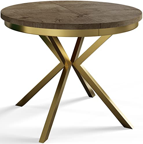 AlpiMeble Runder Esszimmertisch BERGO, ausziehbarer Tisch Durchmesser: 100 cm/180 cm, Wohnzimmertisch Farbe: Grau, mit Metallbeinen in Farbe Gold