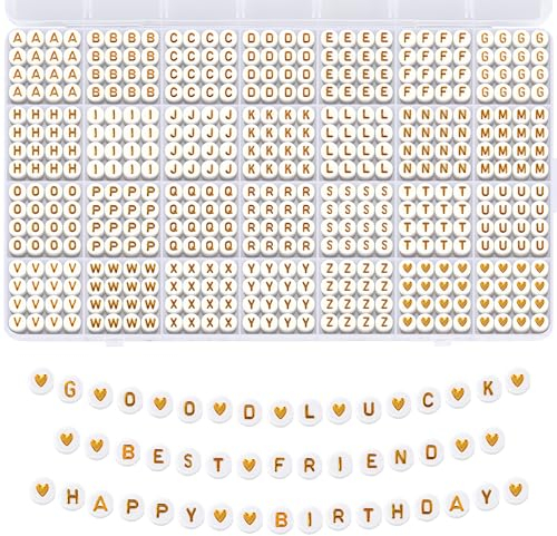 Remione 1400 Stück Buchstabenperlen A-Z Alphabet Perlen Set Perlen für Armbänder zum Auffädeln Schmuck Selber Machen Gold & Weiß RM040