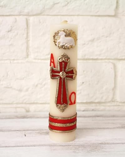 Beautiful Red with Gold Cross Confirmation Unique Paschal Gold-Tone Candle Alpha Omega Cross Sheep Baptism Easter Lent Batuizo Devotional Cirio