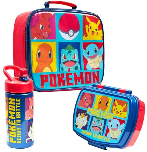 Pokemon Kids Lunch Bag Insulated for Kids 3 Piece Set with Snack Lunch Box and Water Bottle Pikachu Travel Holiday School Supplies Anime Gifts (Red/Blue)