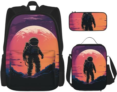 OUSIKA Cool Astronaut 3 Pcs Print Backpack Sets Casual Daypack with Lunch Box Pencil Case for Women Men