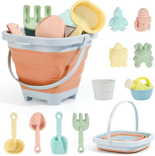 Euakee Jouet de Plage Enfant, 11 Pièces Jeux de Plage avec Seau Plage Pliant, Glace Jeu de Plage Enfant pour Bac a Sable Intérieur Extérieur (Orange)