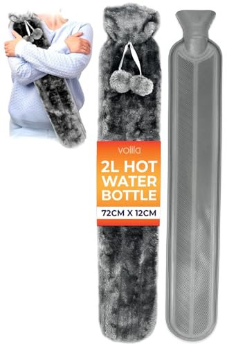 Long Hot Water Bottle for Back Ache and Pain Relief - 2L Soft Faux Fur Covered Hot Water Bottle with Cover and 2 Hanging Pom Poms - 72cm Luxury, Soft and Washable Hot Water Bag (1 Pack) (Grey)