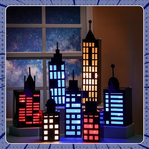 Kolldenn Super City Box Vorlage mit Licht, 3D-Wolkenkratzer, Comic-Gebäude, Geschenkbox, Stadtbild, Heldenbox für Helden-Mottopartys, Geburtstag, Familientreffen, Klassenzimmer, Babypartys, 15 Stück