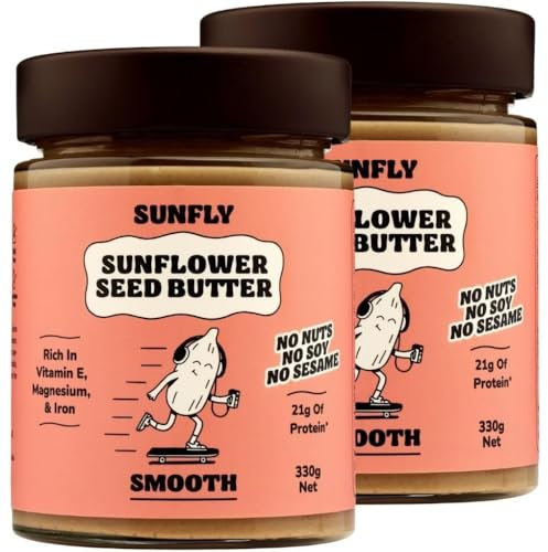 SUNFLY Smooth Sunflower Seed Butter – Palm Oil Free, Peanut Butter Alternative - Creamy, Nut-Free, Vegan Protein Spread -Top 14 Allergen Free, Soy Free - Rich in Vitamins & Minerals - 2 x 330g Jars