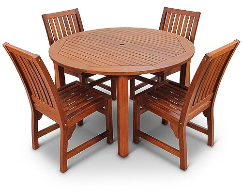 BrackenStyle Devon Hardwood Garden Dining Set - 120cm Round Table with 4 Side Chairs - Durable Commercial Quality Outdoor Patio Set