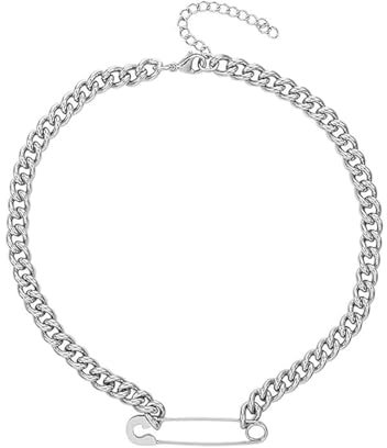 Niaspi Safety Pin Pendant Choker Necklace for Women Men Unisex Stainless Steel Fashion Chunky Cuban Cable Link Chain Trendy Thick Paperclip Gothic Necklace Punk Hip Hop Rock Jewelry Gifts