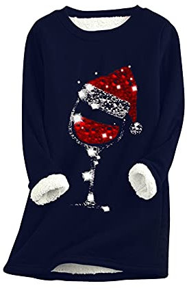 EFOFEI Damen Top Mit Weihnachtshut Muster Lässig Warm Top Mit Weinglas Muster Fleece Shirt Marineblau L