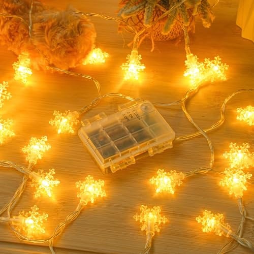 Dalugo Battery Fairy Lights, 6M 40 LED Warm White Snowflake String Lights with 6h Timer, IP65 Waterproof Battery Powered Christmas Tree Lights for Indoor Outdoor Christmas Decorations