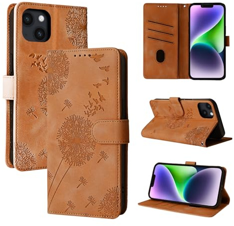 Rostsant Handyhülle für iPhone 14 Plus 6.7 Zoll Löwenzahn PU Leder iPhone 14 Plus 6.7 Flip Case Brieftasche Tasche Hülle Magnetisch Handyhülle für iPhone 14 Plus 6.7 Zoll Braun