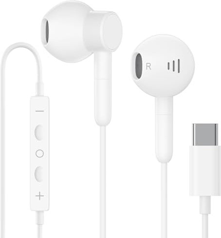USB C Kopfhörer für iPhone 15/16 Pro, Typ C In-Ear Kopfhörer mit Kabel, HiFi Stereo Ohrhörer mit Mikrofon und Lautstärkeregler für i-Pad Pro/Air/Mini, Samsung Galaxy S24 Plus Ultra/S23 Ultra/S22-Weiß