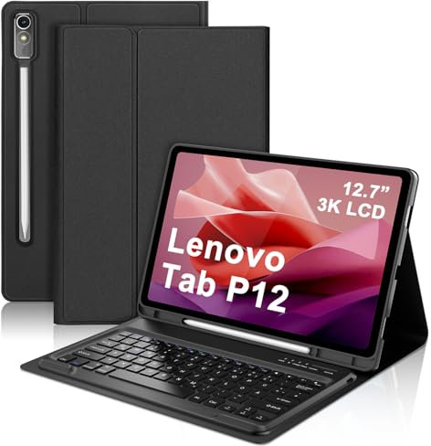 SENGBIRCH Tastaturhülle für Lenovo Tab P12 12.7 Zoll 2023 (TB370FU) - QWERTZ Deutsche Tastatur Abnehmbare Bluetooth Wireless Tastatur für Lenovo Tab P12 12.7 Zoll 2023, Schwarz