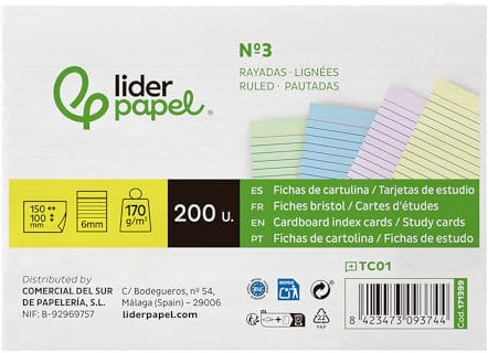 Lot de 200 cartes fiches Liderpapel pour étudier rayées carton coloré 170 g/m² 125 x 200 mm.