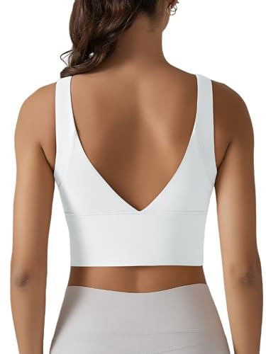 IDOPIP Sport BH Damen: Starker Halt Nahtloser BH Ohne Bügel Yoga Bra - Push up Crop Tops Elastic Wohlfühl Bügelloser Soft Fitness Lauf Joggen Tief V Rücken Bustier Große Größen weiß M