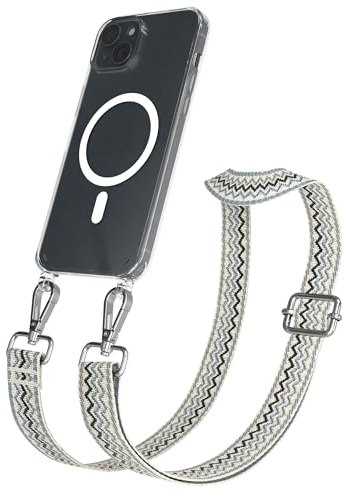 EAZY CASE Handykette - Verstellbares Taschenband kompatibel mit iPhone 15 Plus, Schulterriemen, Handykordel mit Silikon Hülle, Qi Charging kompatibel, Umhängetasche, Beige Blau Silber