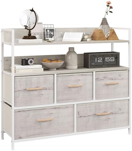 HOMCOM Bedroom Chest of Drawers, Fabric Dresser with 5 Drawers, Storage Organiser Unit with Open Shelves and Metal Frame for Living Room, Entryway, Natural Wood Finish