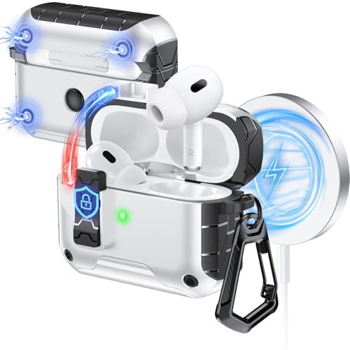 Anqrp MagArmor Auto-Open for AirPods Pro 2nd/1st Gen Case with Built-in Magnets, [One-Press Auto-Open] [Compatible with Mag-Safe Charging], Full-Body MIL-Grade Protective with Air-AL Carabiner White