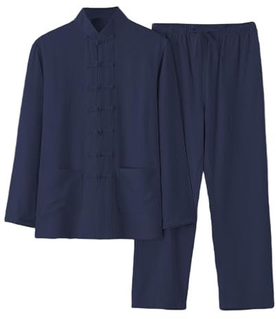 Chemise en lin pour homme Style chinois Tenue en lin Chemises + Pantalon en lin 2 pièces Kungfu Tenue Hommes Tai Chi Vêtements Respirant Costume Kungfu Coupe droite, Marine, M