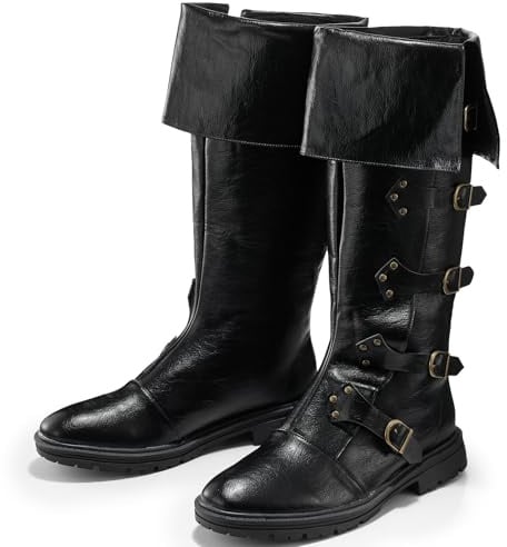 Jiuguva Medieval Pirate Boots Men Renaissance Costume Boots High Tube Steampunk Shoes Halloween Cosplay Costume Accessories(Us 13,Black)
