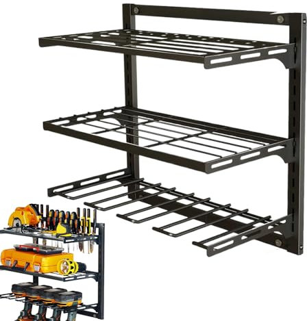 Generisch Power Tool Storage, Heavy Duty 3 Layers Drill Holder Rack, 44x22x7cm, Metal Shelf Organizer, Wall-Mounted Space Saver for Garage, Garden Workshop, Technicians, Men’s Tools