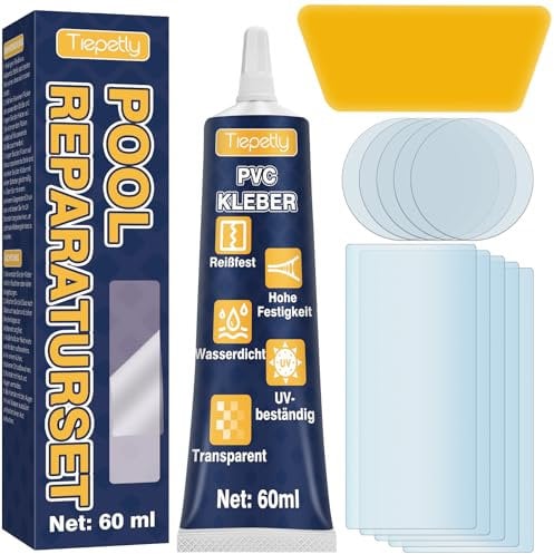 Tiepetly Pool Reparaturset Wasserdicht, Pool Flicken Unterwasser Transparent, für Flickzeug Luftmatratze, Schlauchboot, Zelt, PVC, ABS, Eva und Gummi, 60 ml (PVCJST1K60ml-2P-01-DE)