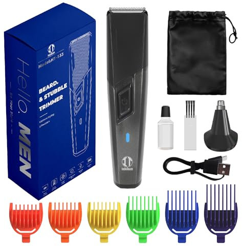 IndoTeam Tondeuse à barbe pour homme – Tondeuse électrique pour homme avec peignes de guidage à code couleur – Kit de coupe de barbe rechargeable – Rasoirs électriques pour homme et rasoir pour le nez