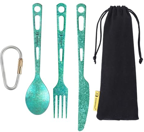 SILVERANT Titanium Cutlery Set, Lightweight Camping Utensils Combo Including Resuable Knife Fork Spoon for Travel & Home Office Flatware Set (213-Green)