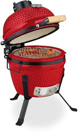 Relaxdays Kamado Grill, Ø 32 cm, Keramikgrill mit Thermometer bis 450°C, BBQ, Grillen, Kochen & Backen, Smoker, rot