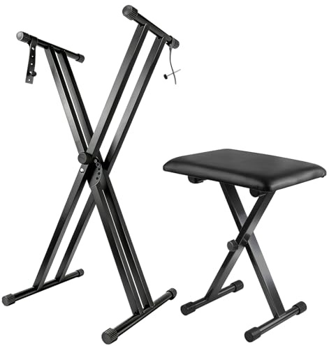 Keyboard Stand Piano Bench Set, 2024 Upgrade Heavy Duty Double X Keyboard Stand Piano Stand, Adjustable&Portable Digital Piano Stand with Locking Straps (Piano Keyboard Stand x 1, Piano Bench x 1)