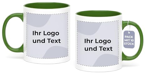Cimpress Personalised Photo & Text Mug, 325 ml, Pack of 10, Green | Custom Coffee & Tea Mugs with Business Logo, Bulk Pack, Corporate Gift for Colleagues
