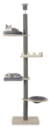 GYMAX Kratzbaum deckenhoch 236-271 cm, 5 Ebenen Katzenbaum mit eckenstütze, Höhle, Plattform, Hängematte & Korb-Liege, Katzenkletter-Aktivitätszentrum in groß